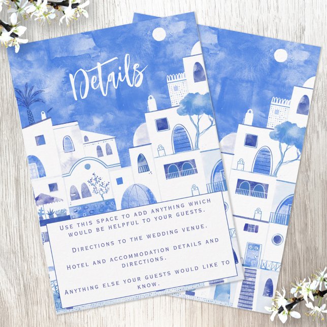Detaljer om bröllop på Santorini Tilläggskort (Wedding details personalized card featuring a blue and white watercolor painting of Santorini)