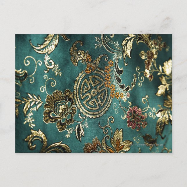 Detaljer om den kinesiska väven av grönt i silke vykort (Framsida)