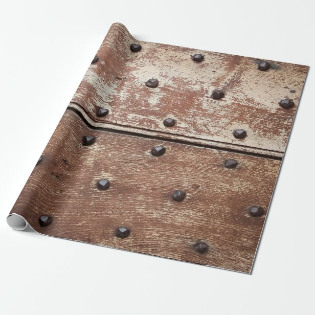 Detaljer om en gammal, målad, skygg dörr med rosti presentpapper (Utrullad)