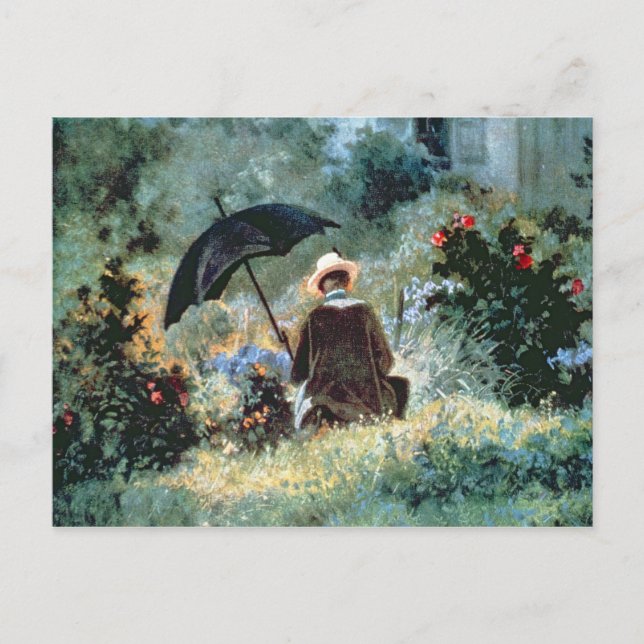 Detaljer om en gentleman-läsning i en trädgård vykort (Framsida)