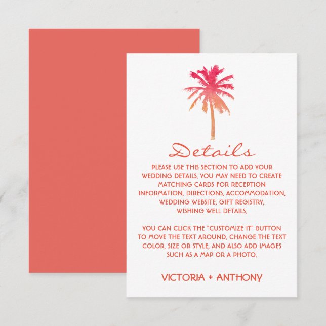 Detaljer om Handflatan Träd Beach Wedding Tilläggskort (Fram/baksida)