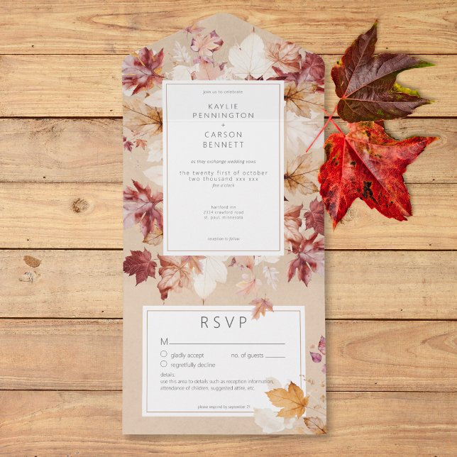 Detaljer om Höst löv utandning Tan (Rustic Wreath of Fall Leaves Tan Details All In One Invitation)