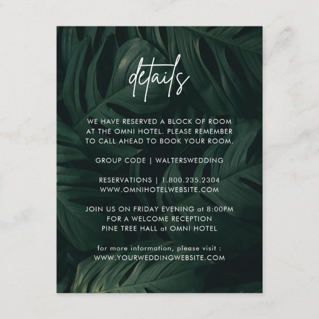 Detaljer om tropisk destination för bröllop tilläggskort (Framsida)