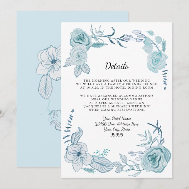 Detaljer på Hotell Blå Vit Boho Vattenfärg Blommig Inbjudningar (Fram/baksida)