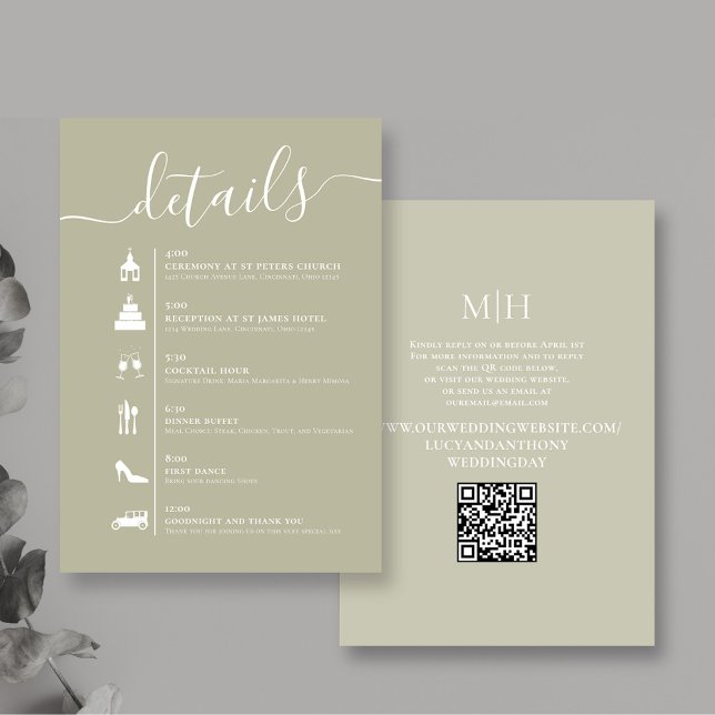 Detaljer QR-kod Bröllopsschema Sagegrön Tilläggskort (Sage green wedding details enclosure card with QR Code timeline. )