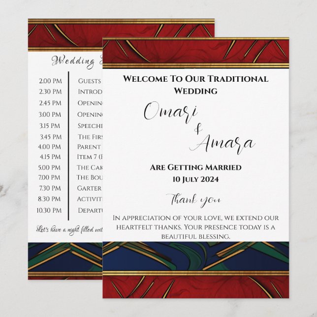 Detaljerad afrocentrisk mottagningsbröllopsprogram inbjudningar (Fram/baksida)