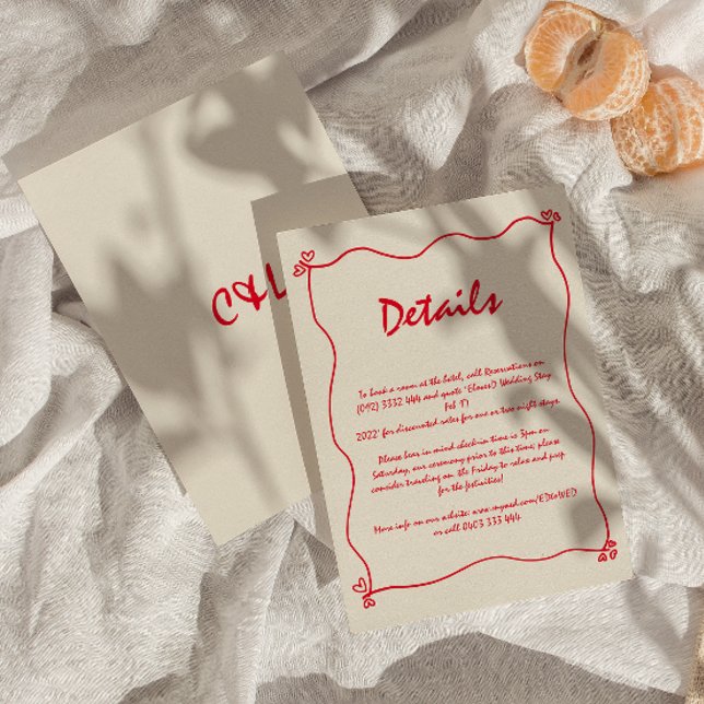 Detaljerad återro-handskriven Whimsical Red Bröllo Tilläggskort (Skapare uppladdad)
