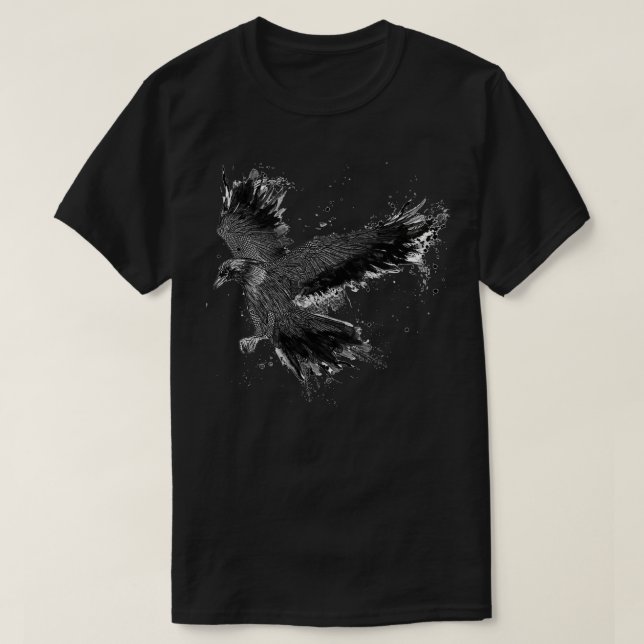 Detaljerad bild av handgjord Mörk Raven Illustrati T Shirt (Design framsida)