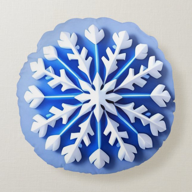 Detaljerad blå snöflinga rund kudde (Framsidan)