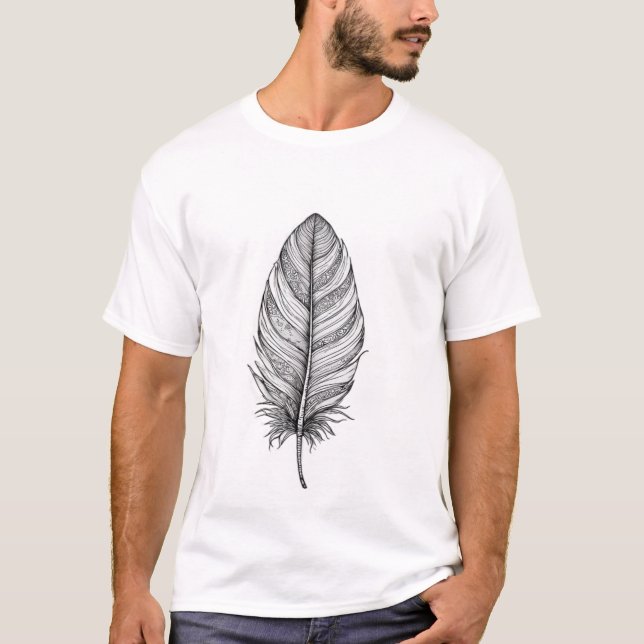 Detaljerad Boho Fjäder Linje Konst T Shirt (Framsida)