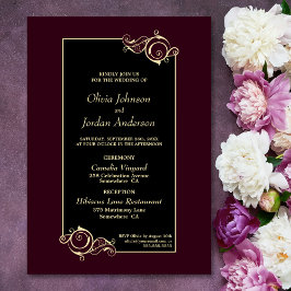 Detaljerad Elegant Black Burgundy Guld Bröllop Inbjudningar
