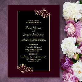 Detaljerad Elegant Black Burgundy Guld Bröllop Inbjudningar