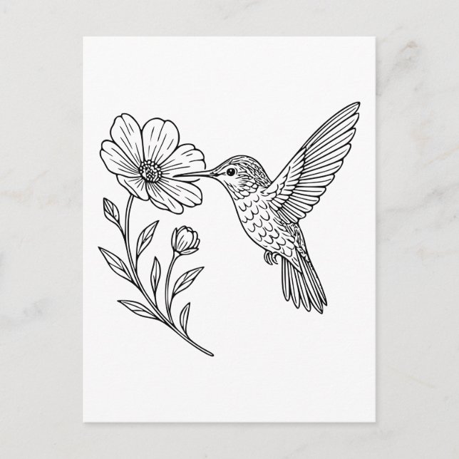 Detaljerad Hummingbird Line Art med Wildblomma Vykort (Framsida)