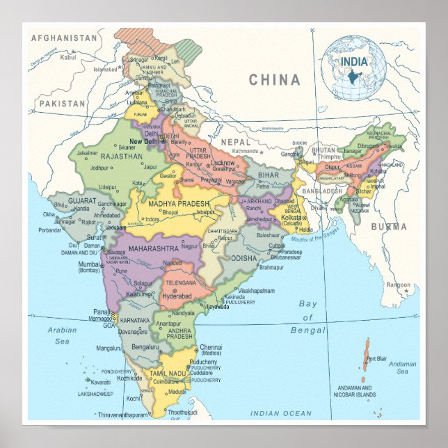 Detaljerad Karta i Indien Poster (Framsidan)