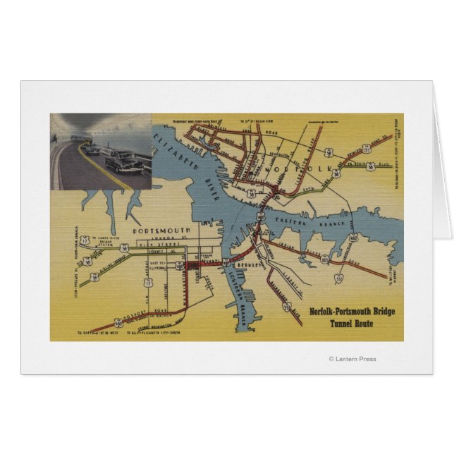 Detaljerad Karta i Norfolk-Portsmouth Bridge Tunne Hälsningskort (Framsidan Horizontal)