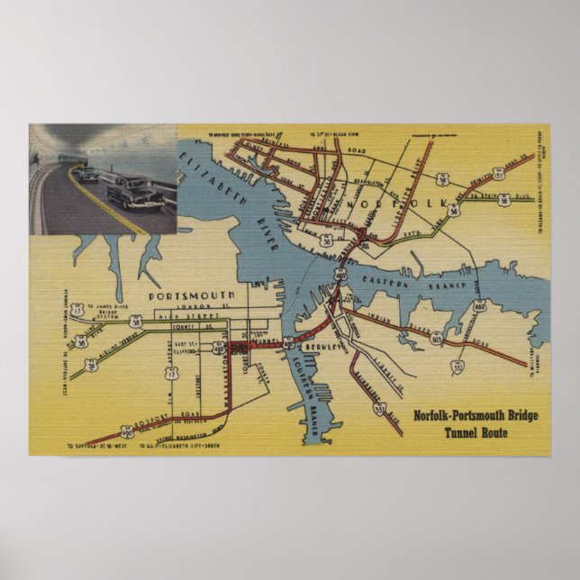 Detaljerad Karta i Norfolk-Portsmouth Bridge Tunne Poster (Framsidan)
