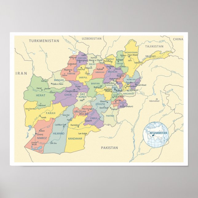 Detaljerad karta över Afghanistans regioner Poster (Framsidan)