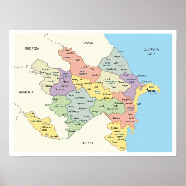 Detaljerad karta över Azerbajdzjans regioner Poster (Framsidan)