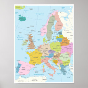 Detaljerad Karta på den europeiska kontinenten Poster