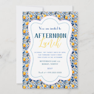 Detaljerad Klassisk Blå Citron Och Blommig Kakel Inbjudningar