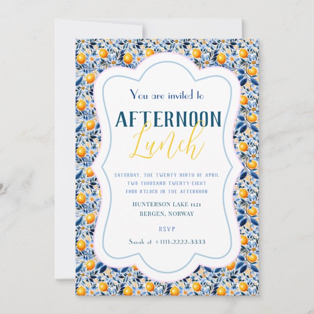 Detaljerad Klassisk Blå Citron Och Blommig Kakel  Inbjudningar (Framsida)