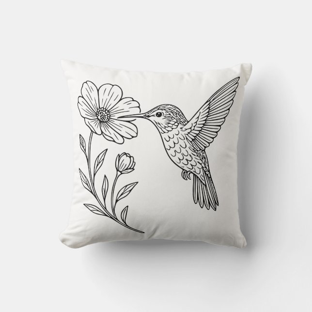 Detaljerad kolibri linjekonst med vildblomma kudde (Framsida)