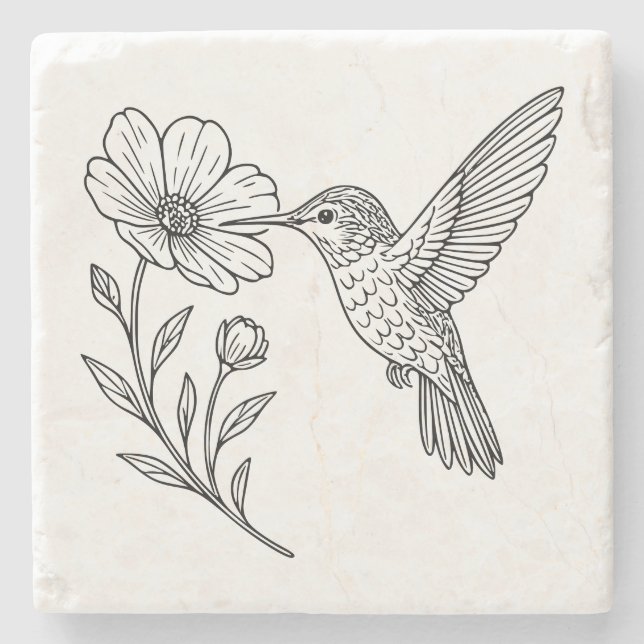 Detaljerad kolibri linjekonst med vildblomma stenunderlägg (Framsidan)