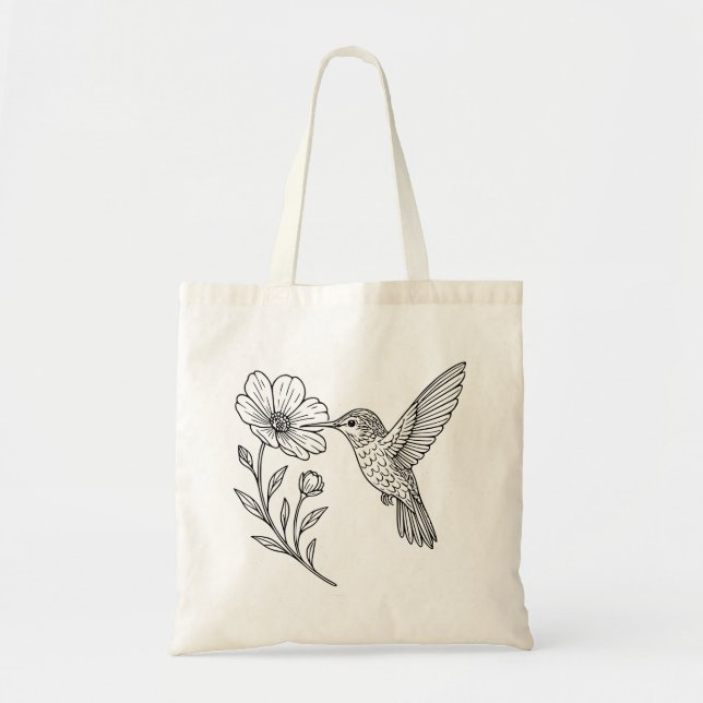Detaljerad kolibri linjekonst med vildblomma tygkasse (Framsidan)