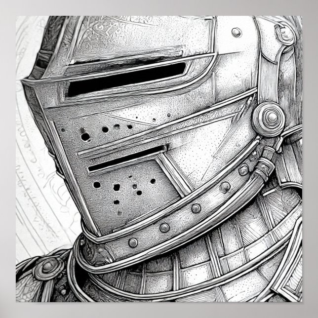 Detaljerad medeltida riddarhjälm färgsida poster (Framsidan)
