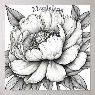 Detaljerad Peony Flower Close Up Namn Coloring Poster