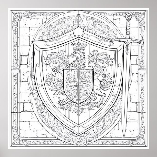 Detaljerad Riddarens Heraldiska Sköld Målarbild Poster (Framsidan)