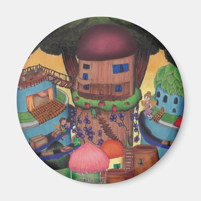 Detaljerad Treetop Fairy Village Magnet (Framsidan)