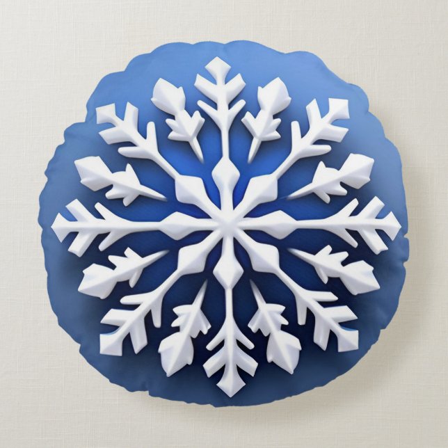 Detaljerad vit snöflinga design rund kudde (Framsidan)