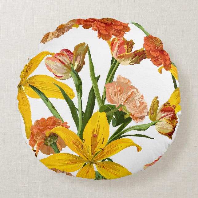 Detaljerade trädgårdsblommor från hand plockade. rund kudde (Framsidan)