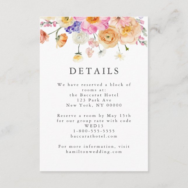 Detaljerkort för bröllop med ljusa blomster och bo tilläggskort (Framsida)