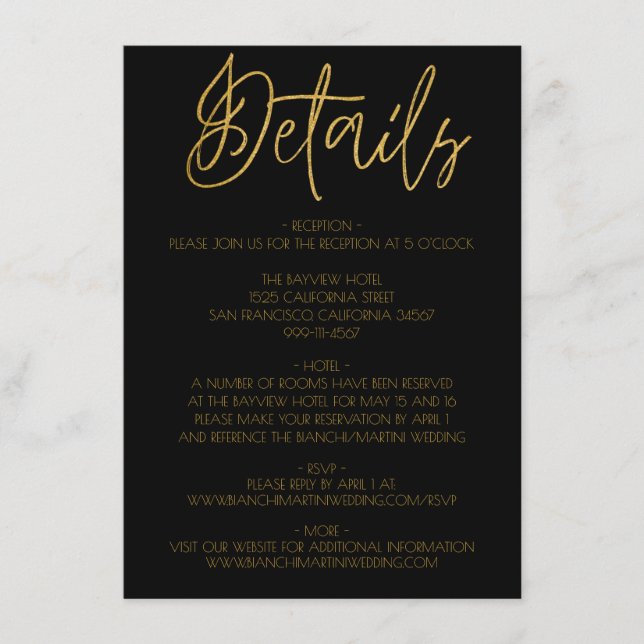 Detaljhölje för Black & Guld Glitter Bröllop Tilläggskort (Framsida)