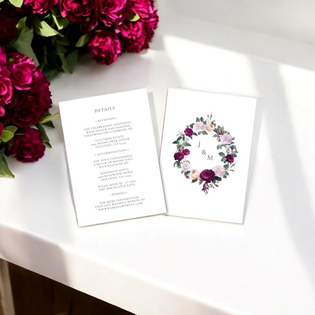 Detaljkort för blommigt monogram burgundy bröllop (burgandy floral wedding details card )