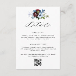 Detaljkort för burgundblått blommigt bröllop tilläggskort