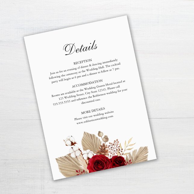 Detaljkort för Burgundy Ro Bröllop Inbjudningar (Burgundy Roses and Palm Leaves Wedding Details Card Template on gray table)