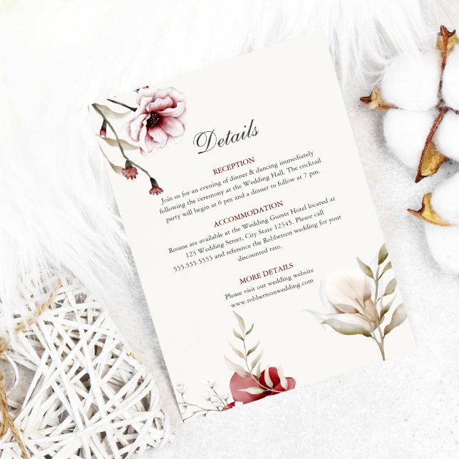 Detaljkort för Burgundy Winter Elegance Bröllop Inbjudningar (Burgundy floral wedding details on white cozy background)