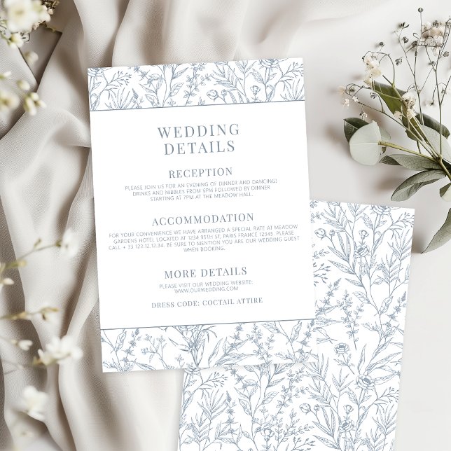Detaljkort för fransk Blue Toile Blommigt Bröllop Tilläggskort (Skapare uppladdad)
