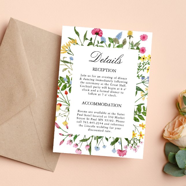 Detaljkort för Modernt Bröllop med Vilda Blommor Inbjudningar (Modern wildflowers details enclosure card clearly shares info while adding fresh charm)