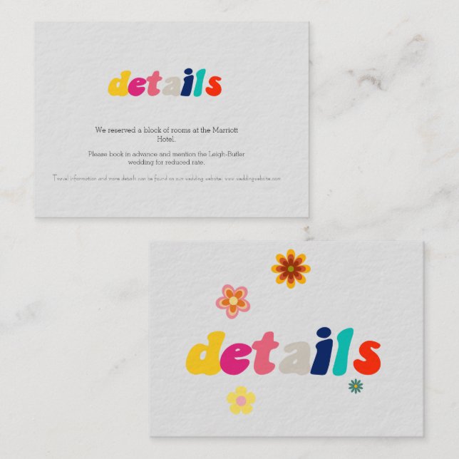 Detaljkort för Retro Blommigt Multifärgad Bröllop Tilläggskort (Fram/baksida)