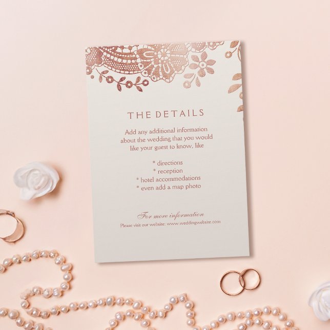 Detaljkort för Ro guld elegant snöre bröllop Tilläggskort (Rose gold elegant lace wedding details card)