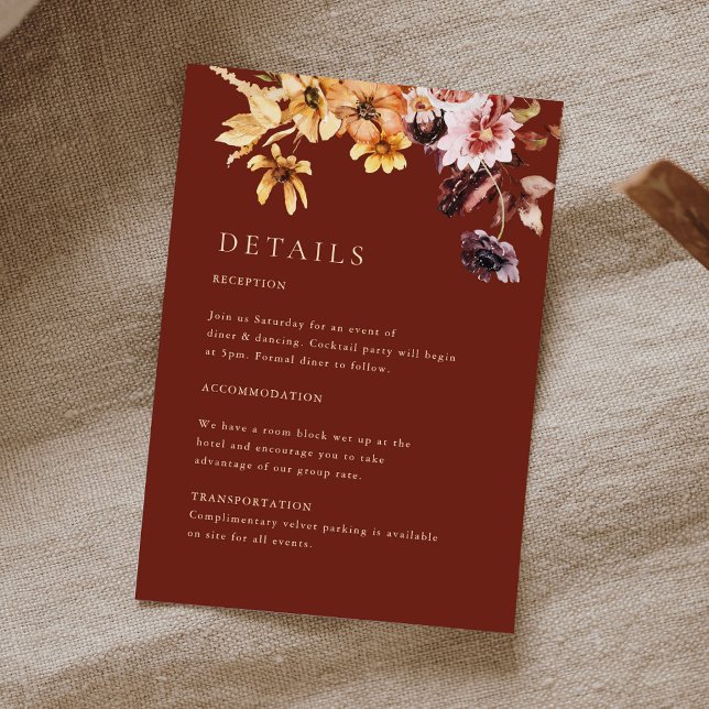 Detaljkort för Rustic Fall Blommigt Burgundy Bröll Tilläggskort (Skapare uppladdad)