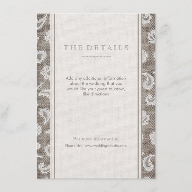 Detaljkort för rustiskt landsbyggsbröllop i snöre  tilläggskort (Framsida)