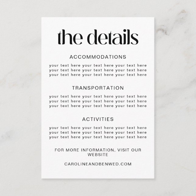 Detaljmall för enkel svart typografi Bröllop Tilläggskort (Framsida)