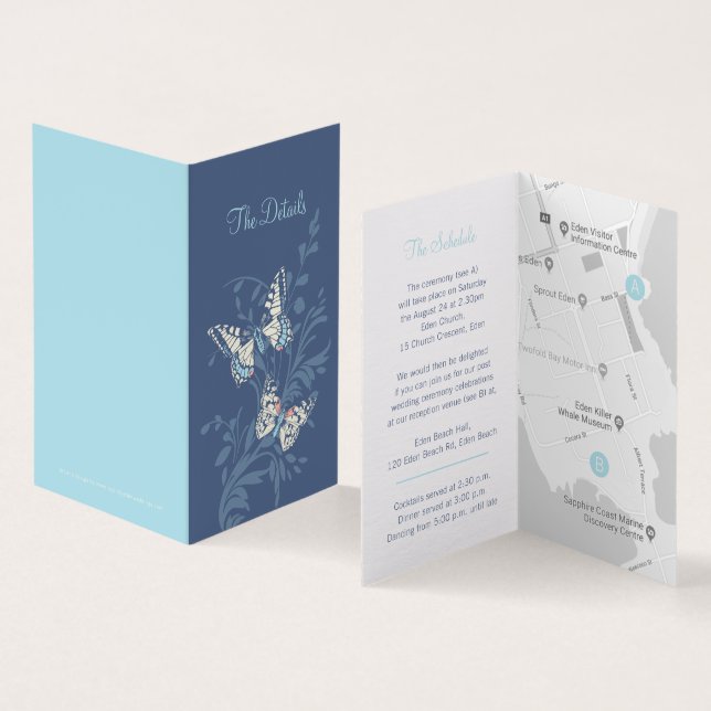 Detaljschema för Butterflulies himlar blue bröllop Kort (In- och utsida)