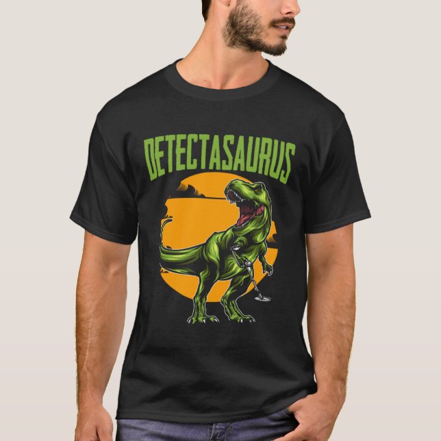 Detectasaurus Treasure Hunting Dinosaur Trex Metal T Shirt (Framsida)