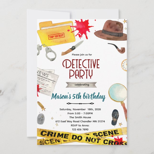 Detective birthday Party Invitation  Inbjudningar (Framsida)